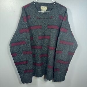 Eddie Bauer Sweater Mens XXL Wool Mohair Intarsia Crew Neck Gray Maroon Grandpa